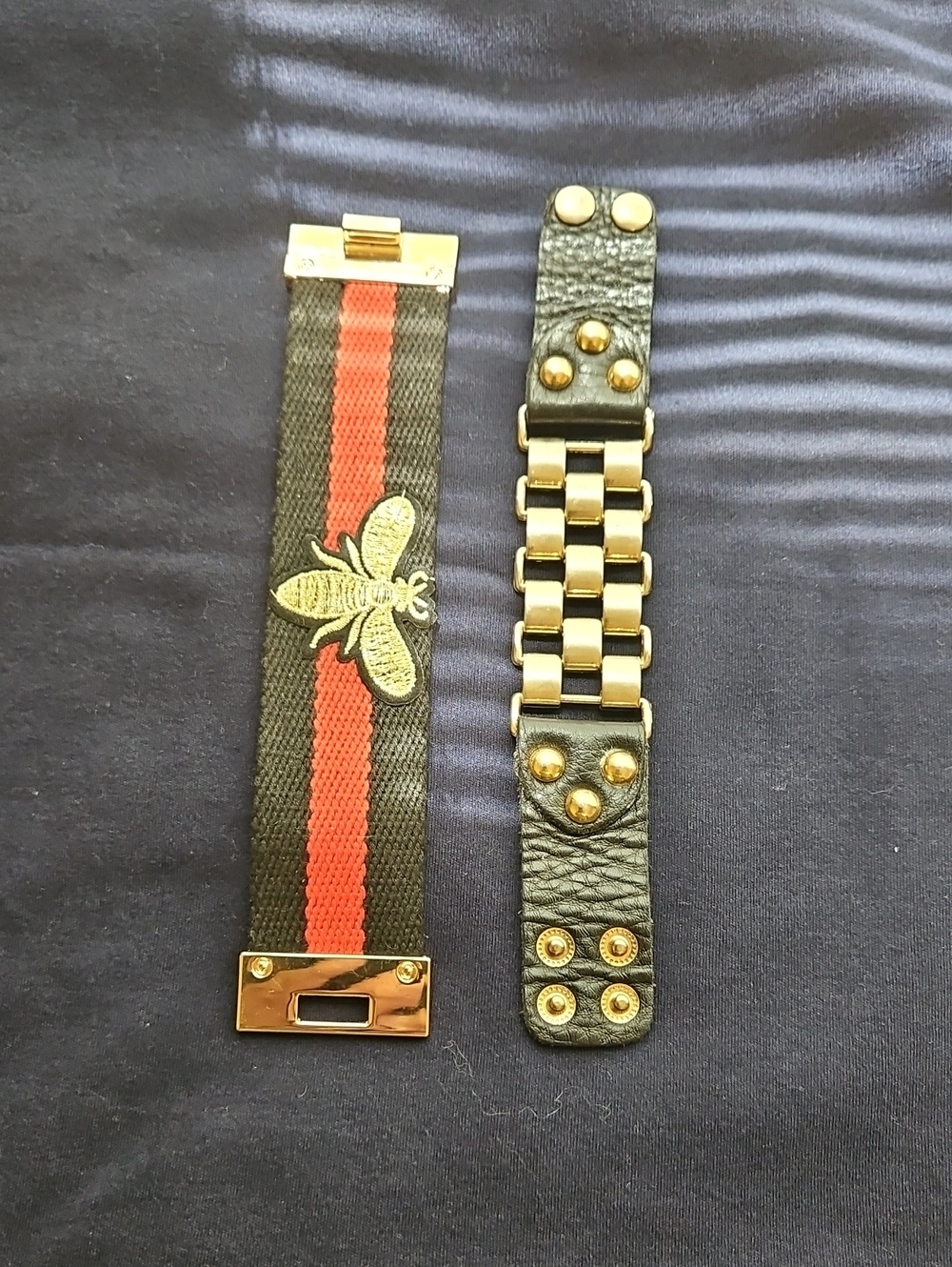 Black and Red Web Stripe Leather & Canvas Bracelet Set For Women